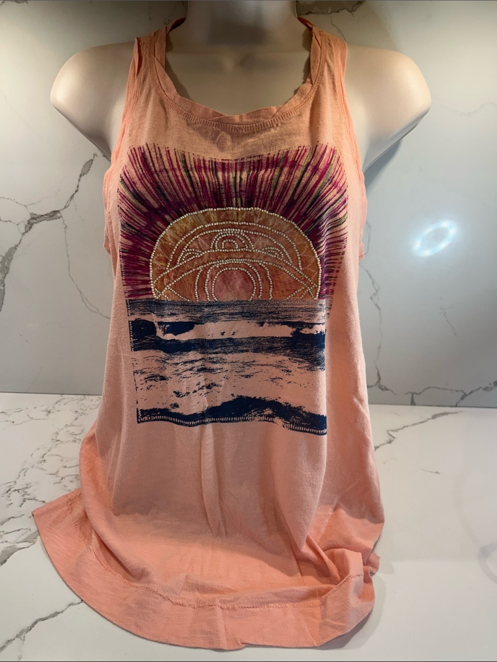 Women's Peach Graphic Sunset Tank Top - Beaded Detail